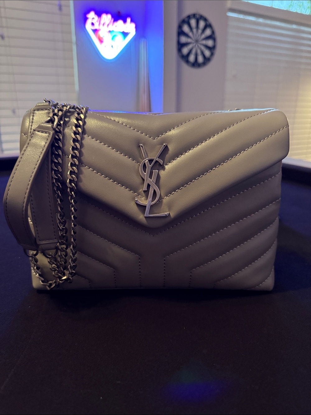Saint Laurent Quilted Leather Shoulder Bag in Light Gray